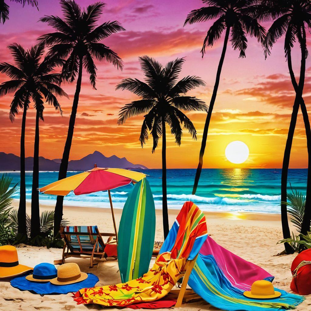 A vibrant beach scene showcasing a variety of Brazilian beach fashion, featuring stylish swimsuits, colorful sarongs, and accessories like hats and sunglasses. The sun setting in the background casts warm colors over sunbathers and surfers, with palm trees swaying gently in the breeze. Include details of beach umbrellas and soft sand, creating a lively and inviting atmosphere. hyper-realistic. bright colors. tropical style.